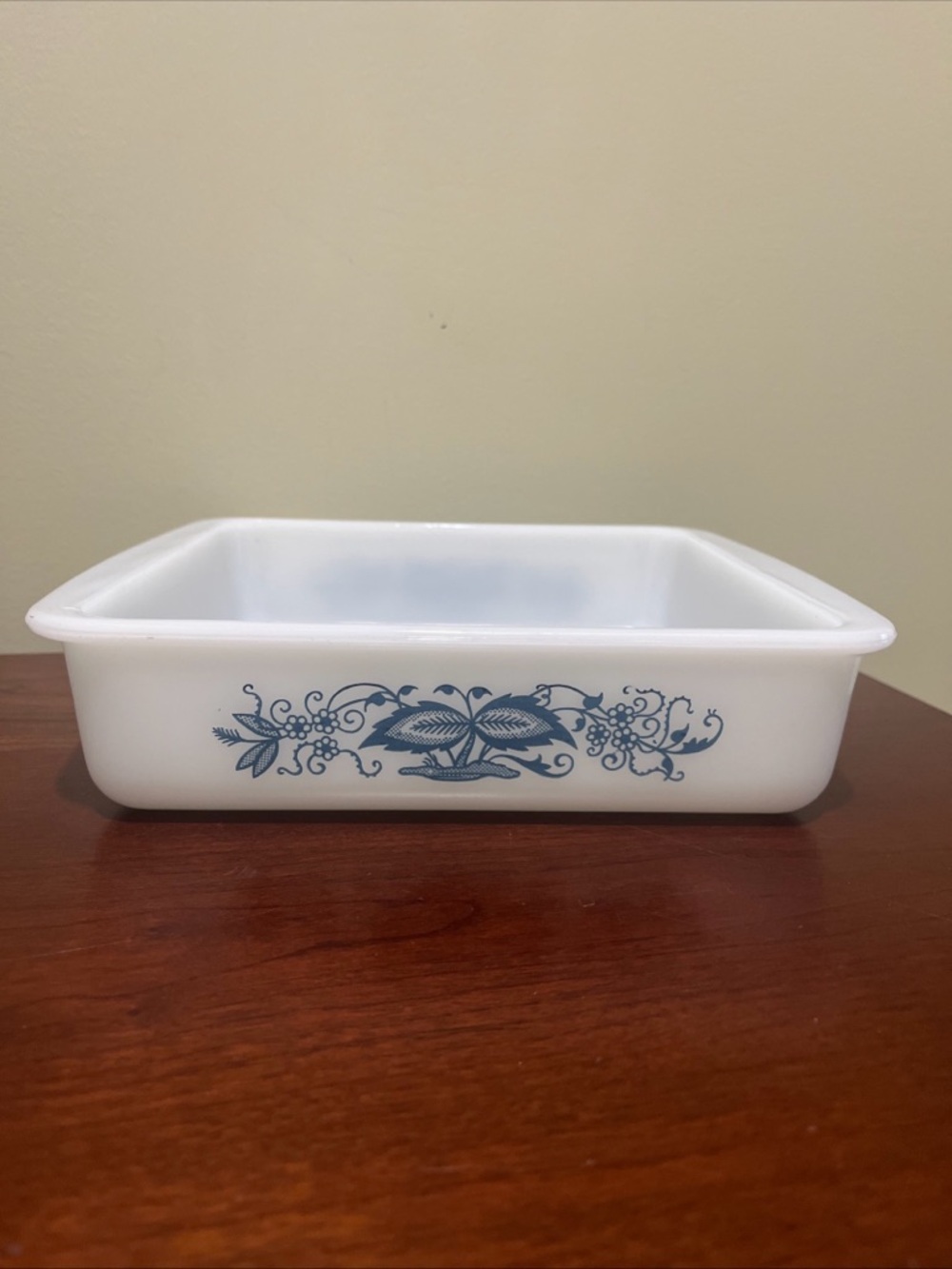 Vintage White Glass Baking Dish with Blue Floral Pattern - Home Kitchen